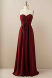A-line Strapless Chiffon Pleated Lace-Up Back Long Bridesmaid Dress Party Prom Evening Gowns
