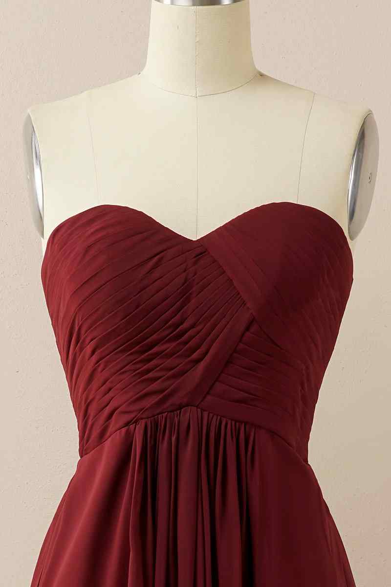 A-line Strapless Chiffon Pleated Lace-Up Back Long Bridesmaid Dress Party Prom Evening Gowns