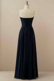 A-line Strapless Chiffon Pleated Lace-Up Back Long Bridesmaid Dress Party Prom Evening Gowns