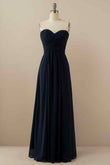 A-line Strapless Chiffon Pleated Lace-Up Back Long Bridesmaid Dress Party Prom Evening Gowns