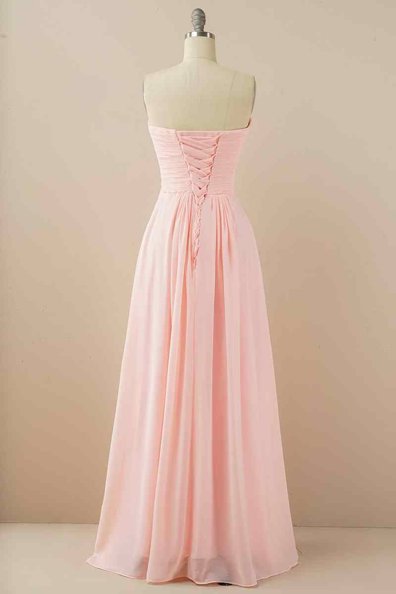 A-line Strapless Chiffon Pleated Lace-Up Back Long Bridesmaid Dress Party Prom Evening Gowns