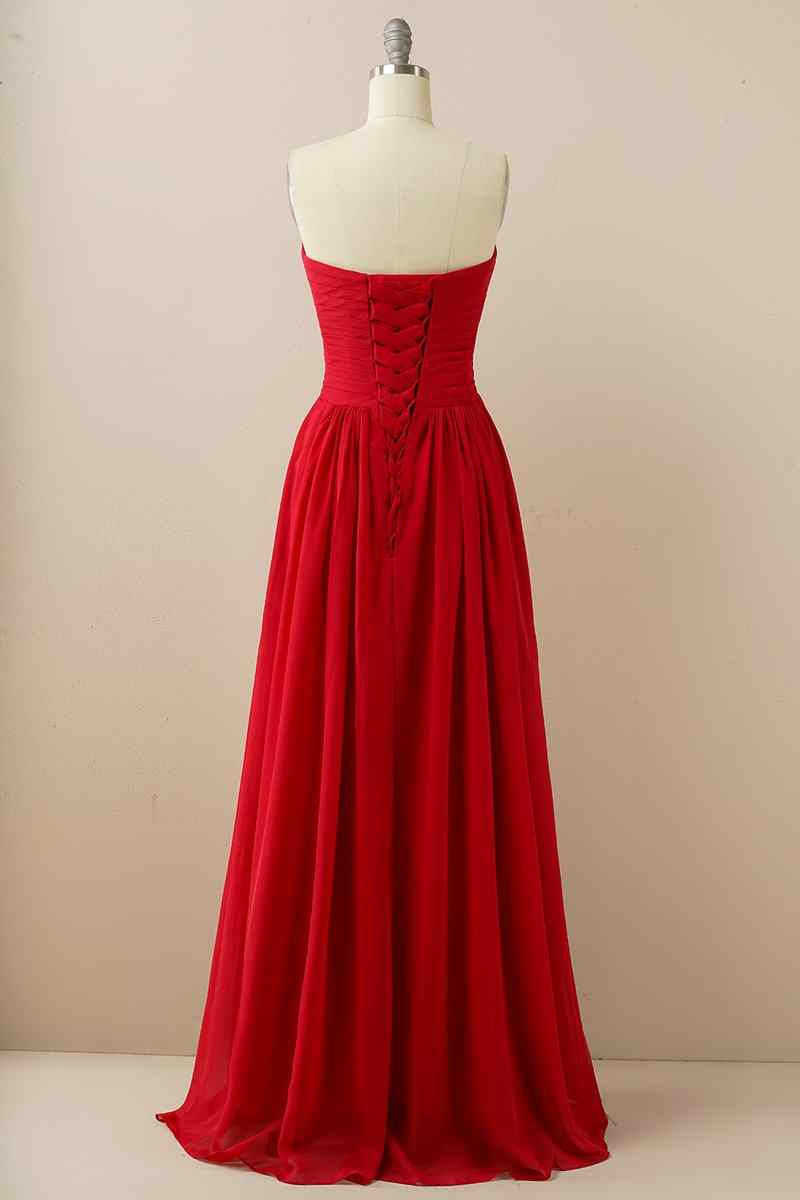 A-line Strapless Chiffon Pleated Lace-Up Back Long Bridesmaid Dress Party Prom Evening Gowns