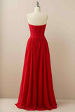 A-line Strapless Chiffon Pleated Lace-Up Back Long Bridesmaid Dress Party Prom Evening Gowns