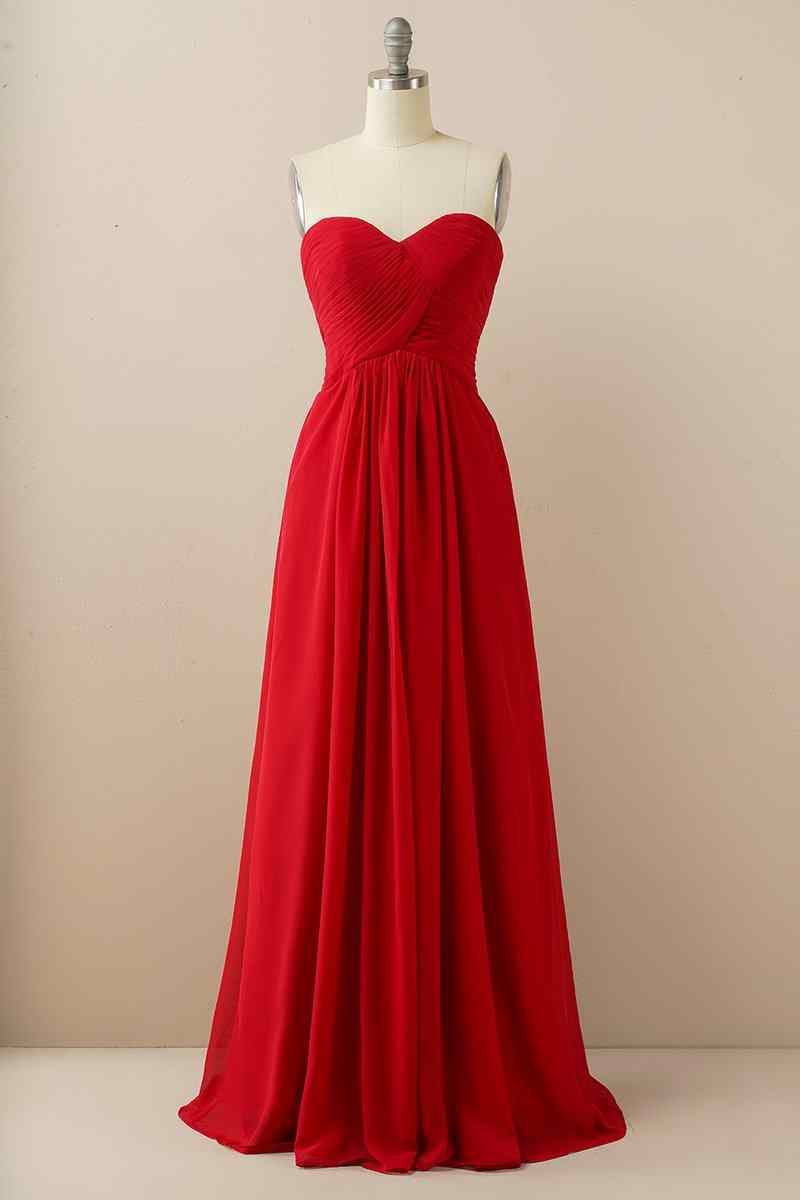 A-line Strapless Chiffon Pleated Lace-Up Back Long Bridesmaid Dress Party Prom Evening Gowns