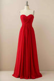 A-line Strapless Chiffon Pleated Lace-Up Back Long Bridesmaid Dress Party Prom Evening Gowns