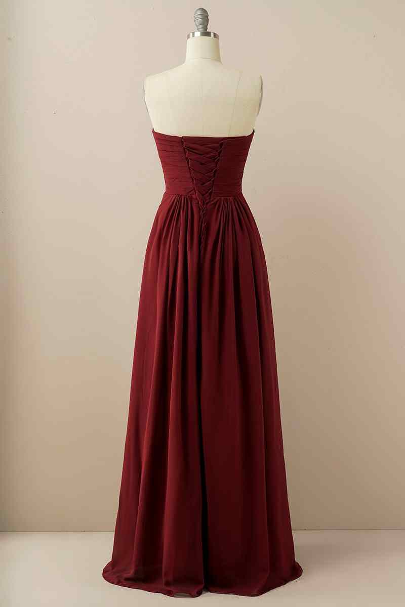 A-line Strapless Chiffon Pleated Lace-Up Back Long Bridesmaid Dress Party Prom Evening Gowns
