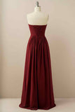 A-line Strapless Chiffon Pleated Lace-Up Back Long Bridesmaid Dress Party Prom Evening Gowns
