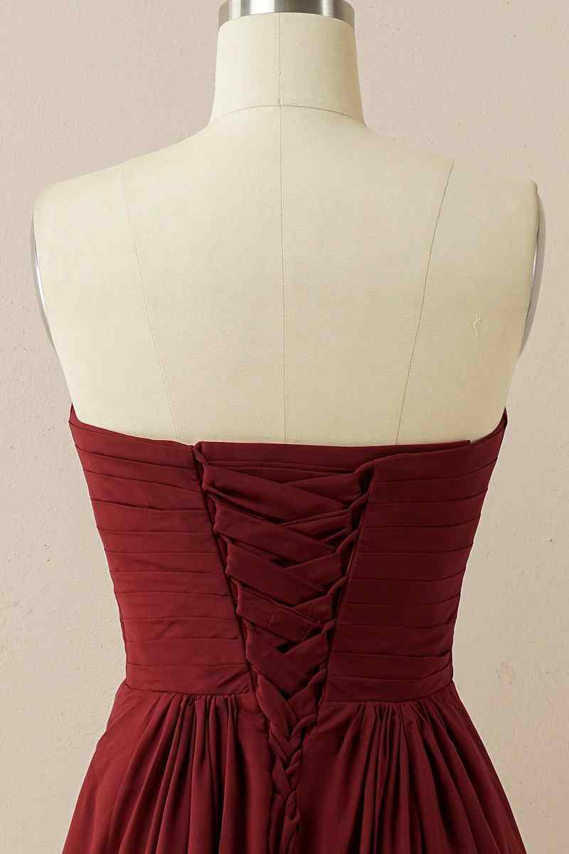 A-line Strapless Chiffon Pleated Lace-Up Back Long Bridesmaid Dress Party Prom Evening Gowns