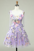 Lavendel Fliege Schulter A-Linie Blumen Homecoming Partykleid Ball Cocktailkleider 