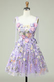 Lavendel Fliege Schulter A-Linie Blumen Homecoming Partykleid Ball Cocktailkleider 