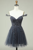 Dunkelmarineblaues A-Linien-Kleid mit Blumenträgern und Applikationen aus Tüll für Heimkehr, Party, Abschlussball, Cocktail 
