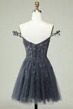Dunkelmarineblaues A-Linien-Kleid mit Blumenträgern und Applikationen aus Tüll für Heimkehr, Party, Abschlussball, Cocktail 