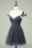 Dunkelmarineblaues A-Linien-Kleid mit Blumenträgern und Applikationen aus Tüll für Heimkehr, Party, Abschlussball, Cocktail 