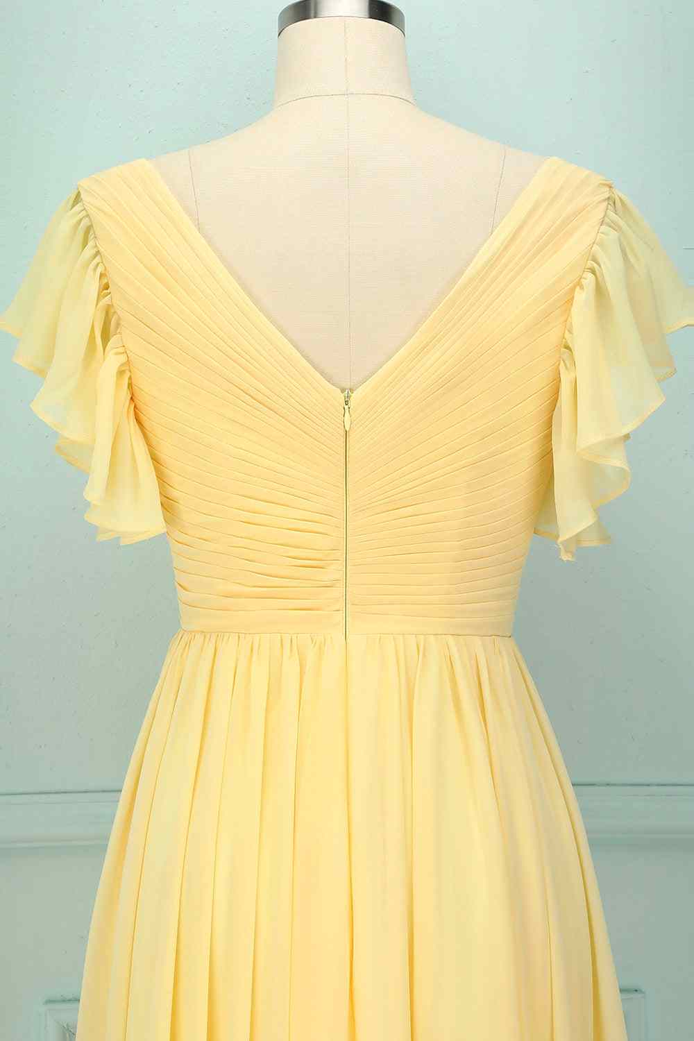 Light Yellow A-line V Neck Pleated Chiffon Ruffle Long Bridesmaid Dress Formal Evening Prom Gowns
