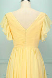 Light Yellow A-line V Neck Pleated Chiffon Ruffle Long Bridesmaid Dress Formal Evening Prom Gowns