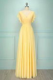 Light Yellow A-line V Neck Pleated Chiffon Ruffle Long Bridesmaid Dress Formal Evening Prom Gowns