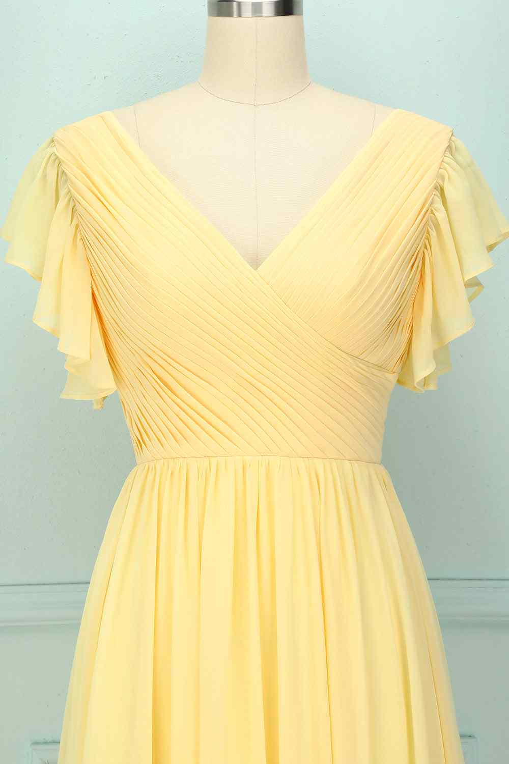 Light Yellow A-line V Neck Pleated Chiffon Ruffle Long Bridesmaid Dress Formal Evening Prom Gowns