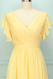 Light Yellow A-line V Neck Pleated Chiffon Ruffle Long Bridesmaid Dress Formal Evening Prom Gowns