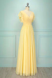 Light Yellow A-line V Neck Pleated Chiffon Ruffle Long Bridesmaid Dress Formal Evening Prom Gowns