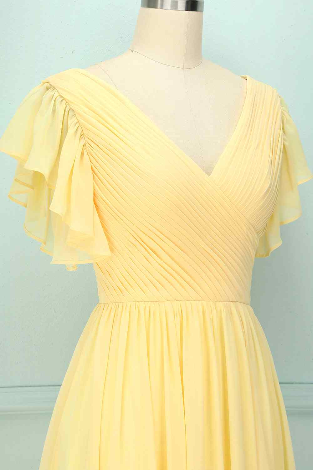 Light Yellow A-line V Neck Pleated Chiffon Ruffle Long Bridesmaid Dress Formal Evening Prom Gowns