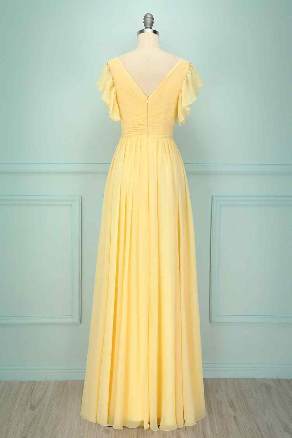 Light Yellow A-line V Neck Pleated Chiffon Ruffle Long Bridesmaid Dress Formal Evening Prom Gowns