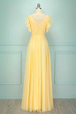 Light Yellow A-line V Neck Pleated Chiffon Ruffle Long Bridesmaid Dress Formal Evening Prom Gowns
