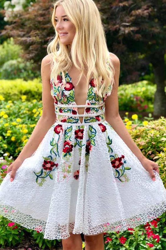 Sexy Embroidery Homecoming Dress Low Cut, Short Prom Dress ,Formal Dress, Pageant Dance Dresses, Back To School Party Gown, KB0832