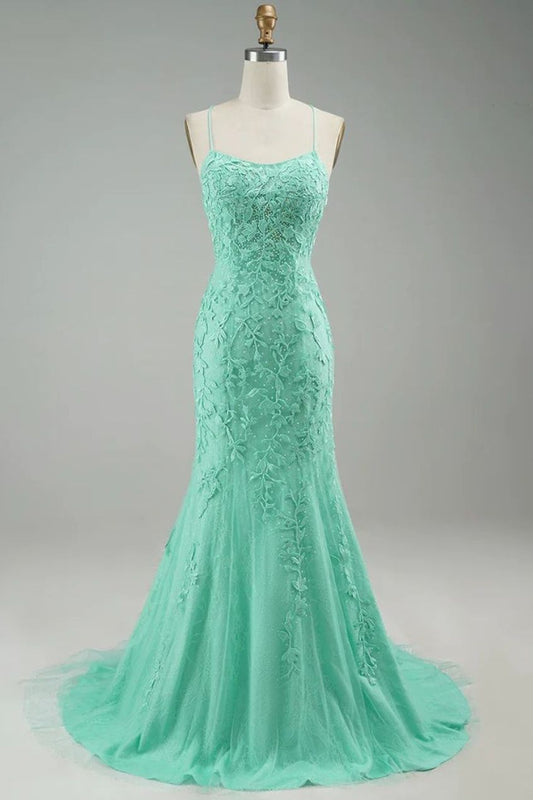 Turquoise Straps Appliques Tulle Mermaid Prom Evening Dress Party Formal Gowns