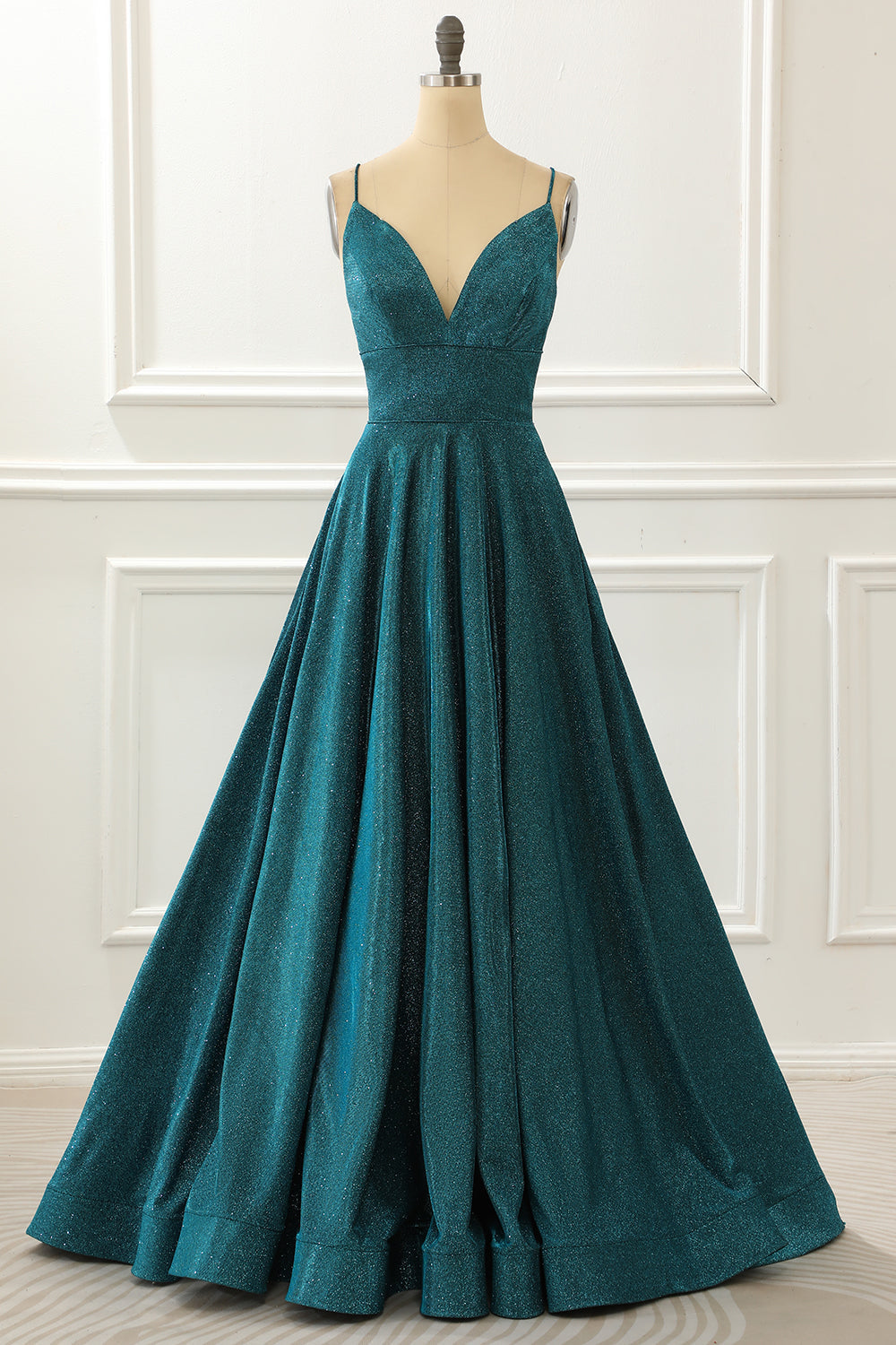 Spaghetti Straps Blue Long Sparkly Prom Dress Formal Evening Dresses
