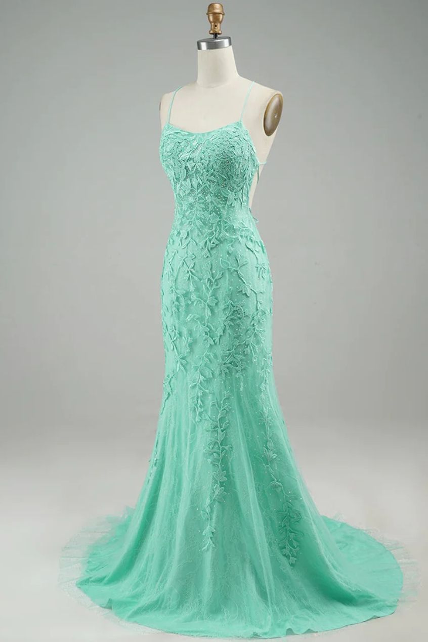 Turquoise Straps Appliques Tulle Mermaid Prom Evening Dress Party Formal Gowns