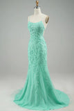 Turquoise Straps Appliques Tulle Mermaid Prom Evening Dress Party Formal Gowns