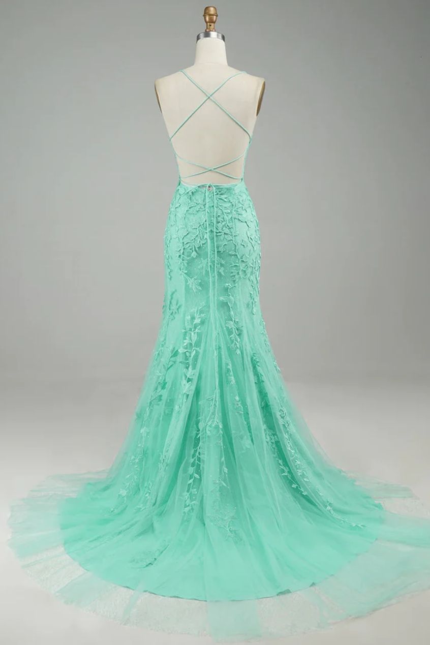 Turquoise Straps Appliques Tulle Mermaid Prom Evening Dress Party Formal Gowns