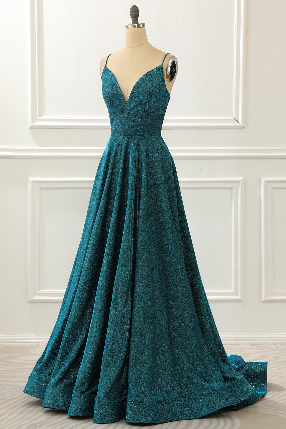 Vestido de fiesta largo azul brillante con tirantes finos, vestidos de noche formales