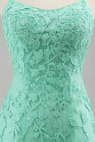 Turquoise Straps Appliques Tulle Mermaid Prom Evening Dress Party Formal Gowns