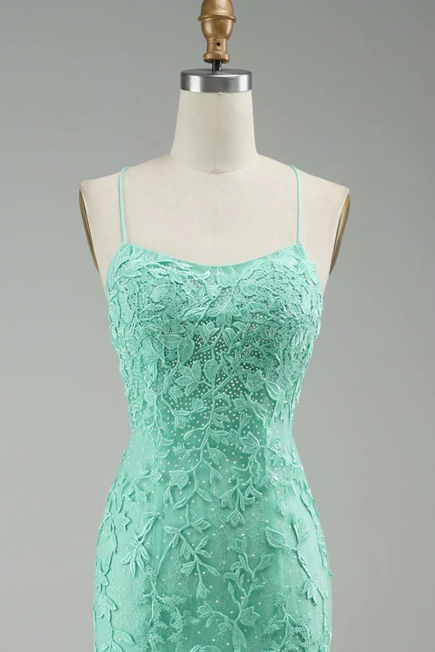 Turquoise Straps Appliques Tulle Mermaid Prom Evening Dress Party Formal Gowns