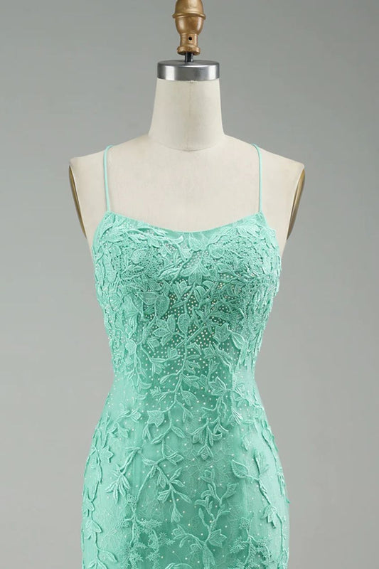 Turquoise Straps Appliques Tulle Mermaid Prom Evening Dress Party Formal Gowns