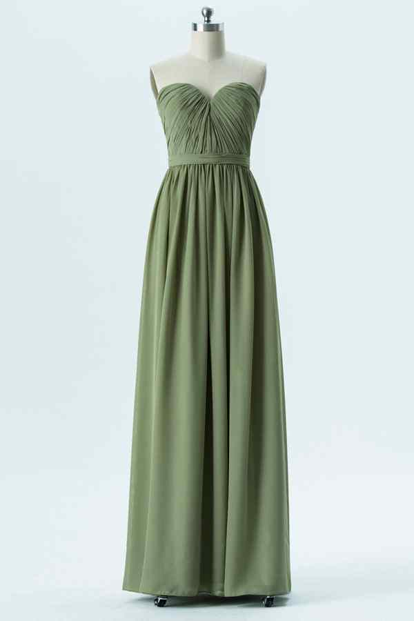 Olive A-line Strapless Chiffon Pleated Long Bridesmaid Dress Prom Evening Gowns