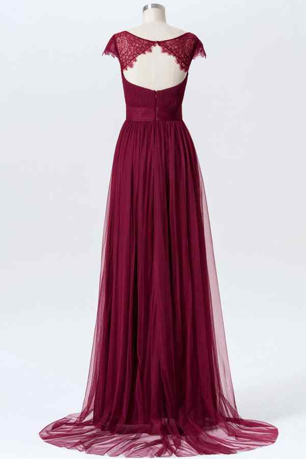 Mulberry A-line Sweetheart Tulle Pleated Lace Cap Sleeves Long Bridesmaid Dress Prom Evening Gowns