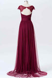 Mulberry A-line Sweetheart Tulle Pleated Lace Cap Sleeves Long Bridesmaid Dress Prom Evening Gowns