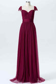 Mulberry A-line Sweetheart Tulle Pleated Lace Cap Sleeves Long Bridesmaid Dress Prom Evening Gowns