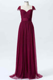 Mulberry A-line Sweetheart Tulle Pleated Lace Cap Sleeves Long Bridesmaid Dress Prom Evening Gowns