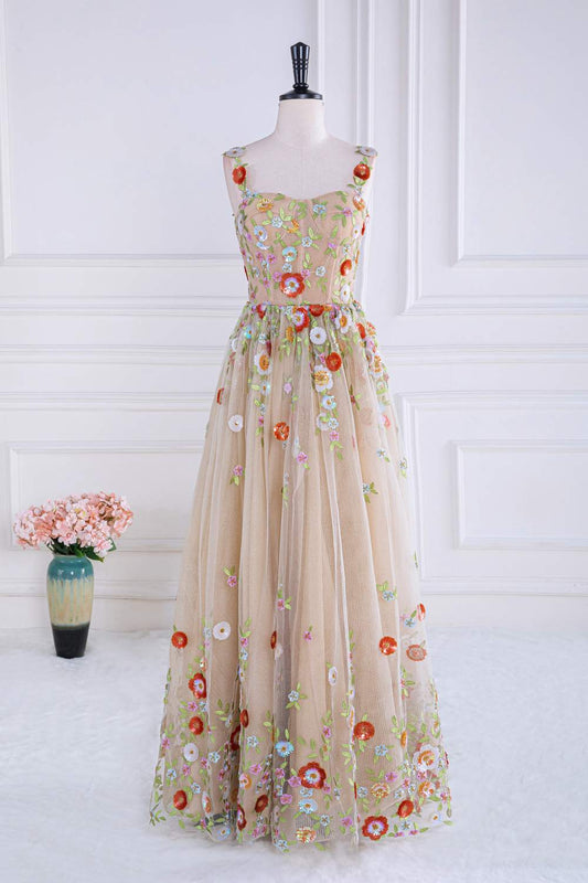 Staubiges rosa Pailletten-Blumen-A-Linie Tüll Langes Ballkleid Partykleid Formelle Abendkleider