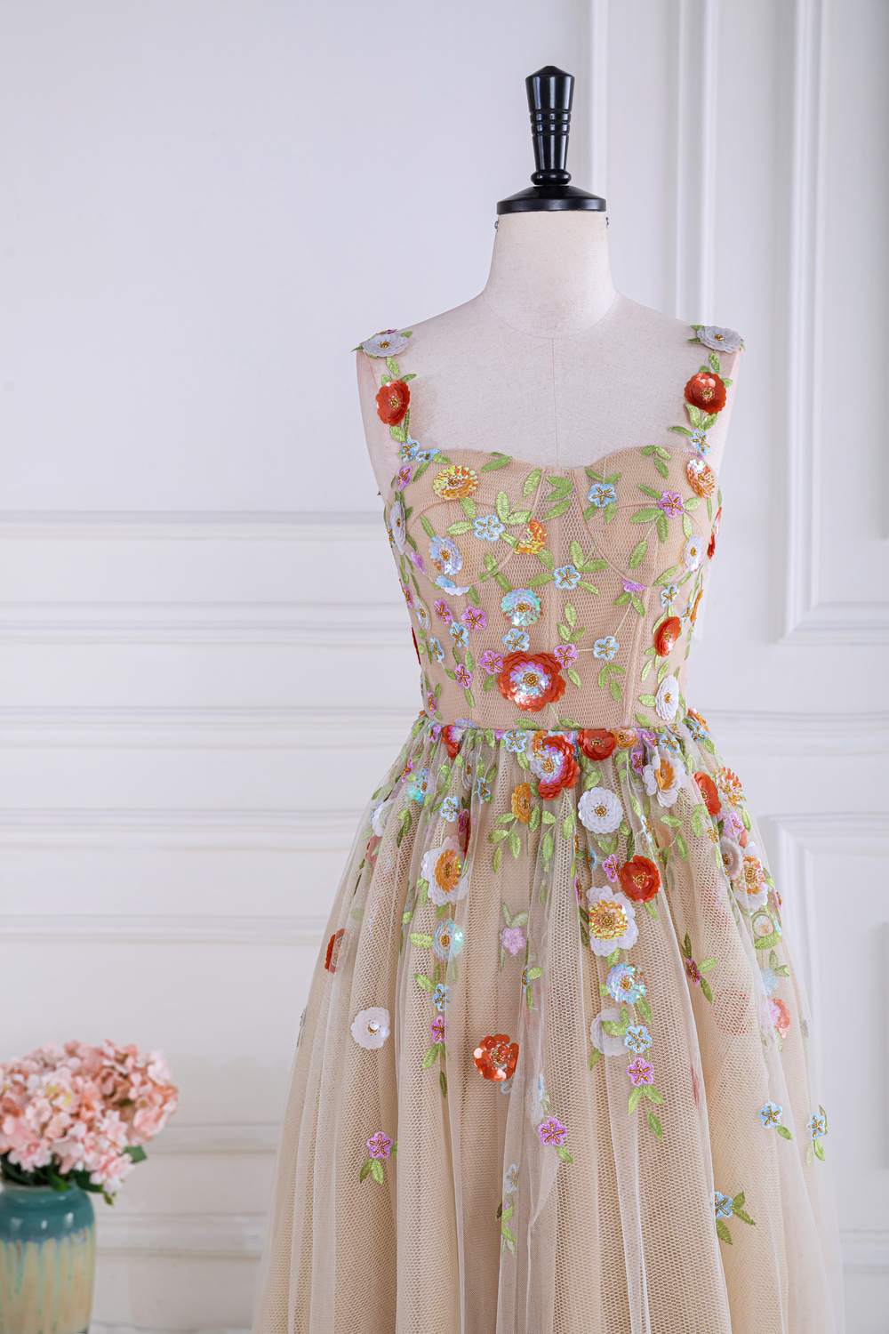 Staubiges rosa Pailletten-Blumen-A-Linie Tüll Langes Ballkleid Partykleid Formelle Abendkleider