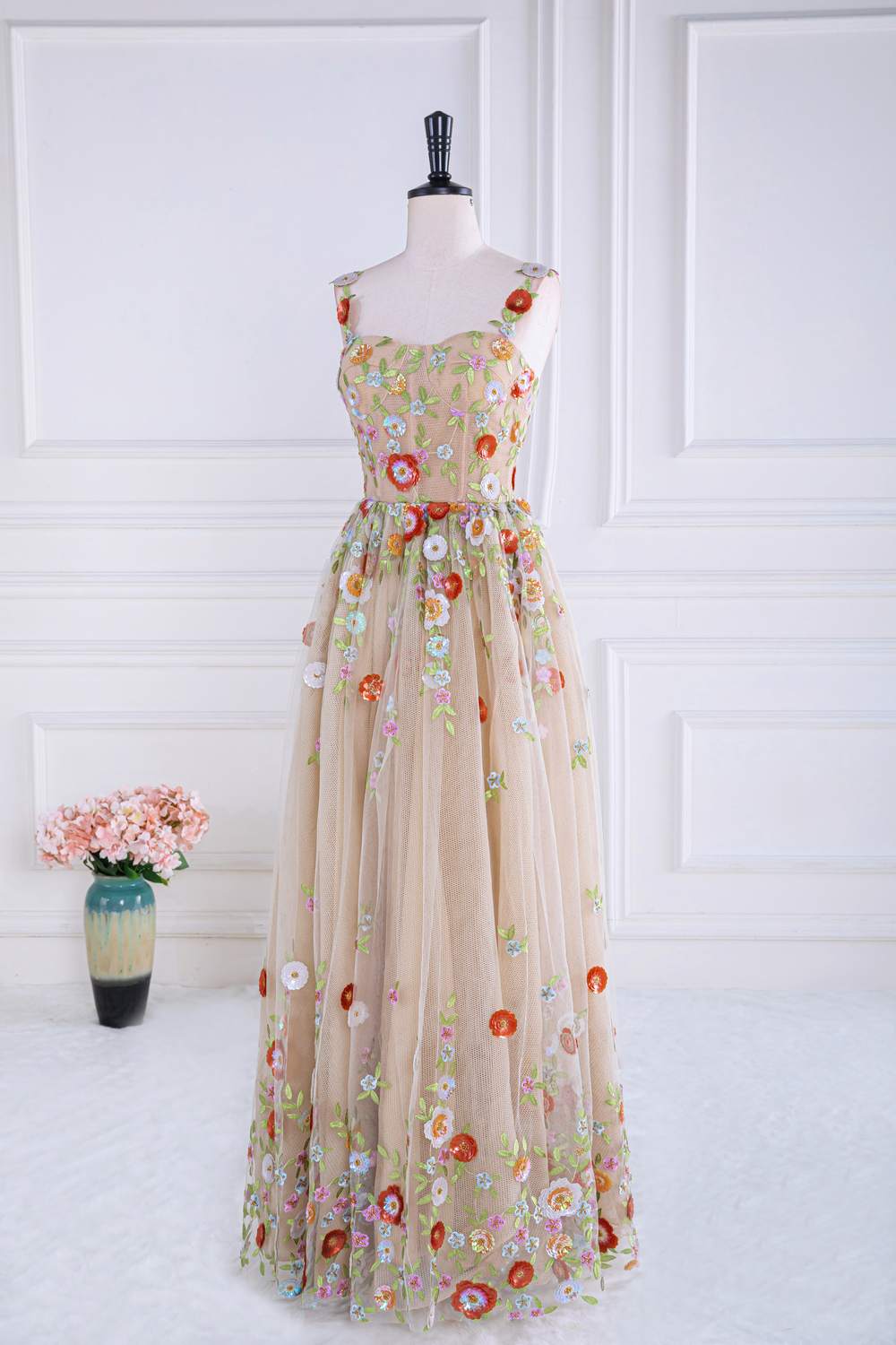 Staubiges rosa Pailletten-Blumen-A-Linie Tüll Langes Ballkleid Partykleid Formelle Abendkleider