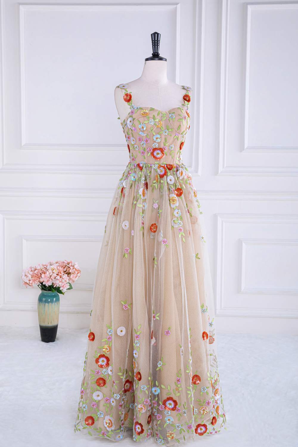 Staubiges rosa Pailletten-Blumen-A-Linie Tüll Langes Ballkleid Partykleid Formelle Abendkleider