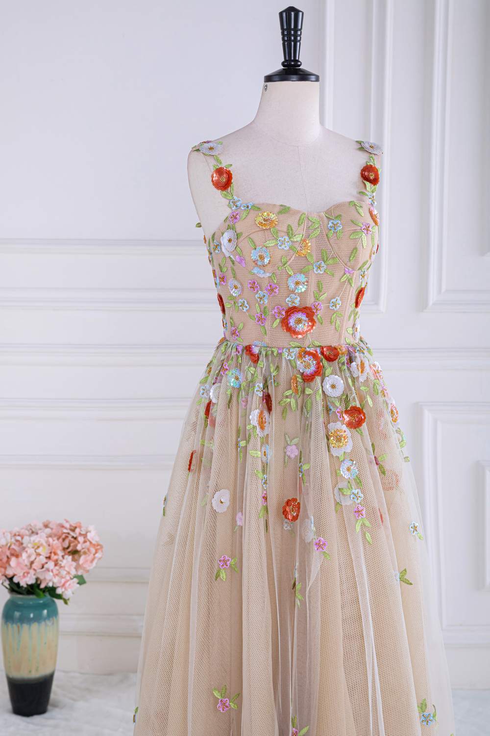 Staubiges rosa Pailletten-Blumen-A-Linie Tüll Langes Ballkleid Partykleid Formelle Abendkleider