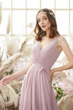 Blush V Neck Long Chiffon Bridesmaid Dress Formal Evening Dresses Prom Party Gowns