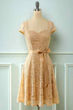 A-line Cap Sleeves Lace Sash Mini Bridesmaid Dress Party Prom Wedding Guest Dresses