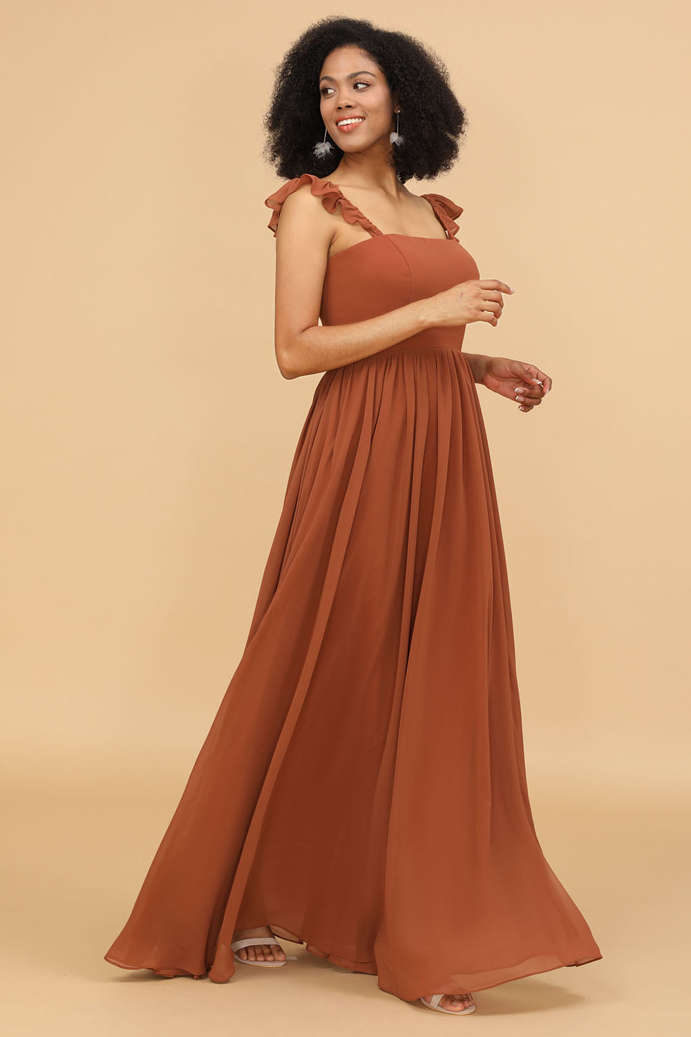 Terracotta Chiffon A-Line Floor Length Bridesmaid Dress With Ruffles Formal Evening Gowns