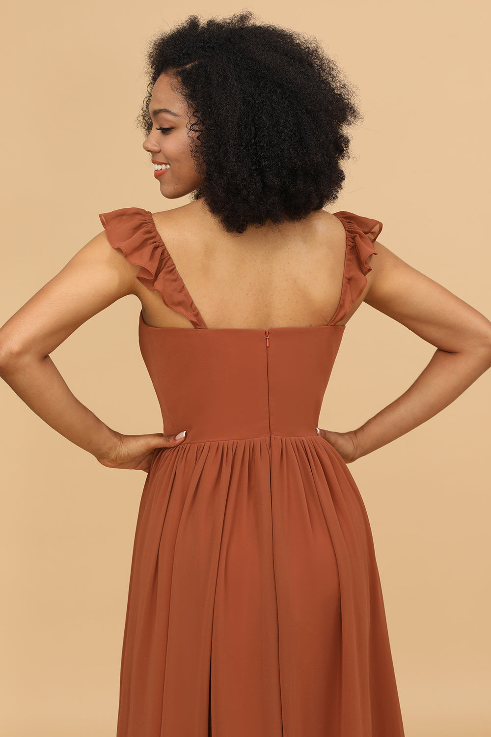 Terracotta Chiffon A-Line Floor Length Bridesmaid Dress With Ruffles Formal Evening Gowns